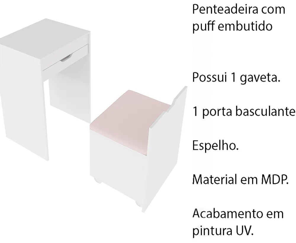 Penteadeira para Quarto Decorativa PE2007 MPD Branco/rosa G69 - Gran Belo