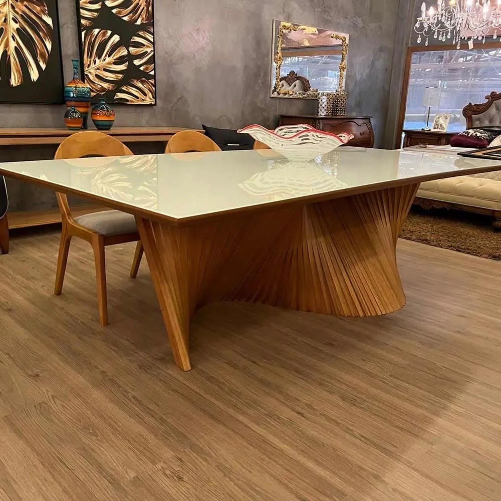 Mesa de Jantar Los Angeles Retangular Tampo com Vidro Base Madeira Maciça Design Contemporâneo