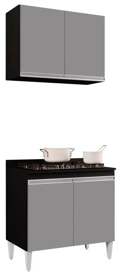 Kit Armário Aéreo e Balcão para Cooktop de Cozinha 02 Portas Diana 80 cm - D'Rossi - Preto e Cinza