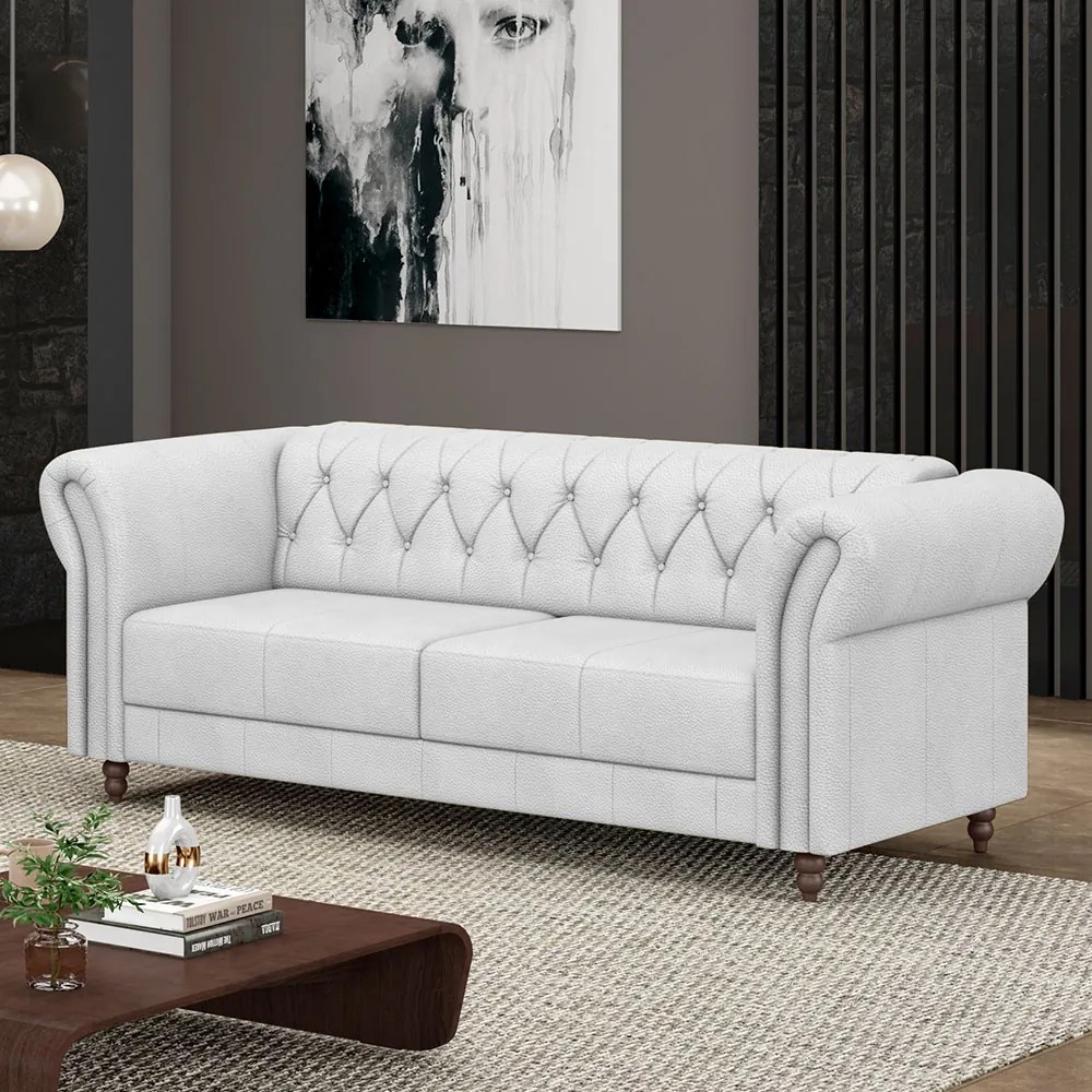 Sofá Living Sala de Estar Stanford Chesterfield 2 Lugares 180cm Pés de Madeira Couro Branco G58 - Gran Belo