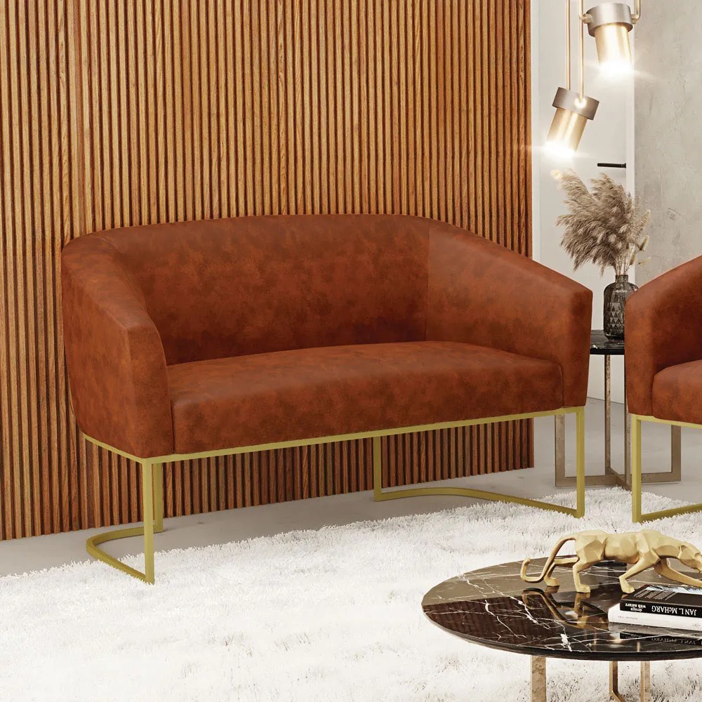 Sofá 2 Lugares Namoradeira Industrial Dourado Stella Sintético PU D03 - D'Rossi - Nozes