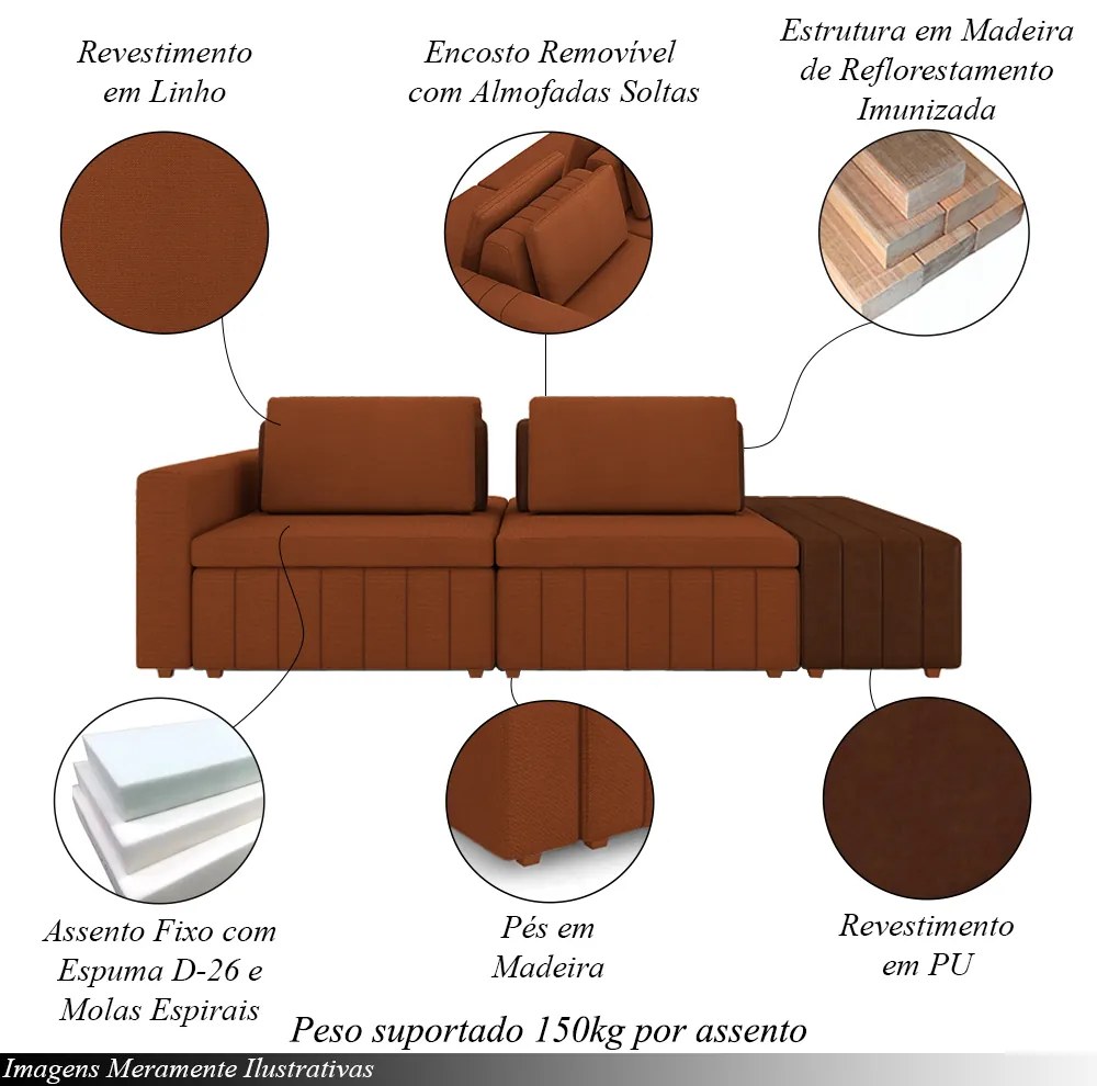 Sofá Ilha com Encosto e Almofadas Móveis Olimpo 245cm Modulado Linho/PU Terracota/Marrom G45 - Gran Belo