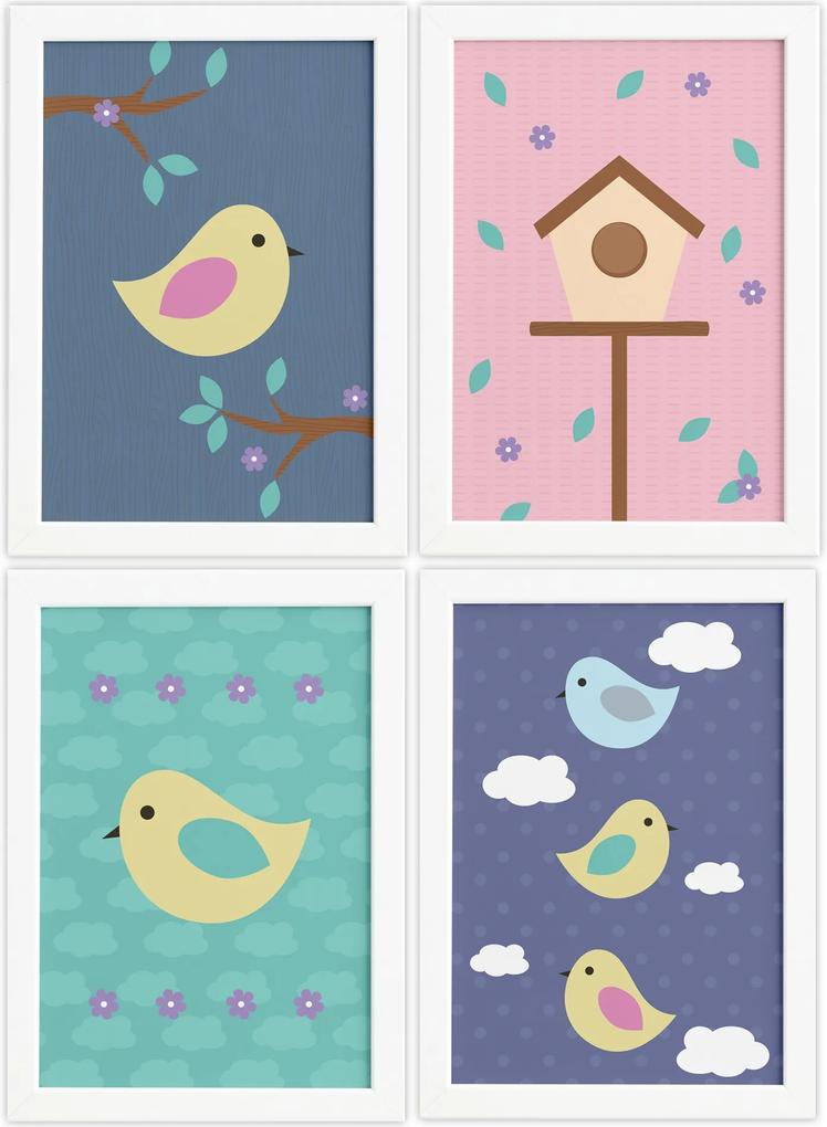 Quadros Decorativos Infantil Pássaros Moldura Branca 4un 33x43