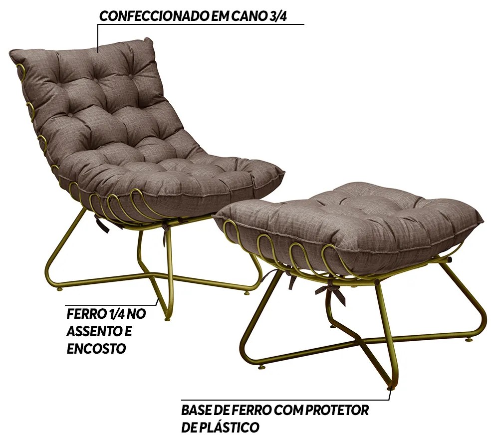 Conjunto Decorativo Poltrona e Puff Caim Base de Ferro Dourado Linho Marrom G41 - Gran Belo