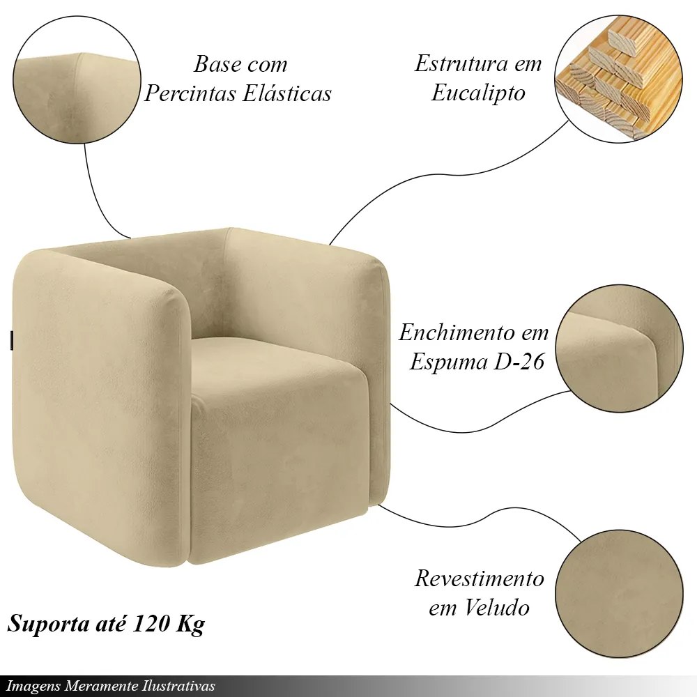 Kit 2 Poltronas Decorativas Sala de Estar Trinidad Base Fixa Veludo Bege G33 - Gran Belo