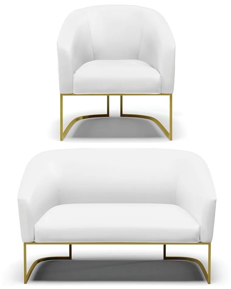 Sofá Namoradeira e Poltrona Base Industrial Dourado Stella Sintético D03 - D'Rossi - Branco