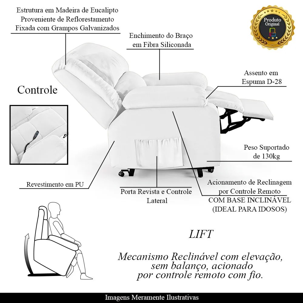 Poltrona do Papai Reclinável Melim Elevação Lift Elétrico PU Branco FH1 - D'Rossi