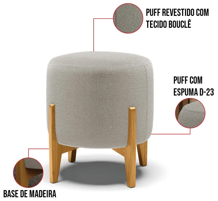 Poltrona e Puff Decorativo Base Madeira Stella Bouclê Cinza P01 - D'Rossi