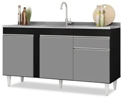 Balcão Gabinete com Pia Inox 150cm 3 Portas 1 Gaveta Dakota Preto/Cinz