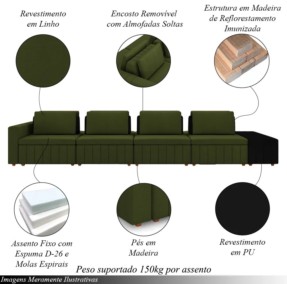 Sofá Ilha com Encosto e Almofadas Móveis Olimpo 465cm Modulado Linho/PU Verde/Preto G45 - Gran Belo