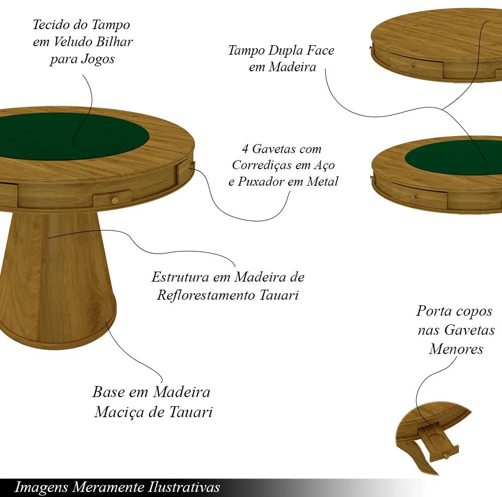 Conjunto Mesa de Jogos Carteado Bellagio Tampo Reversível Verde e 4 Cadeiras Madeira Poker Base Cone Linho Cinza/Mel G42 - Gran Belo