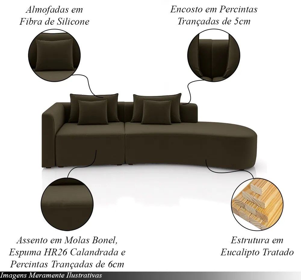 Sofá Curvo Decorativo Kimiko 317Cm 5 Lugares Sala de Estar com Chaise Veludo Marrom G52 - Gran Belo