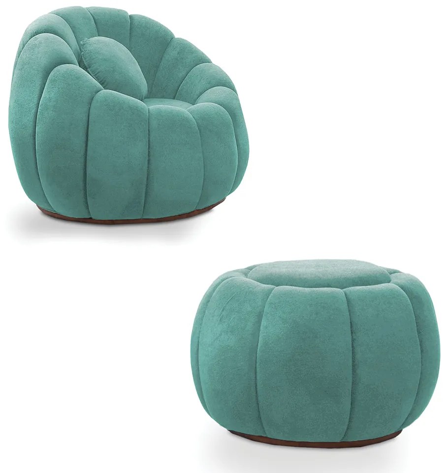 Poltrona Decorativa Orgânica Giratória com Puff Cloud Bouclê E03 - D'Rossi - Azul Turquesa