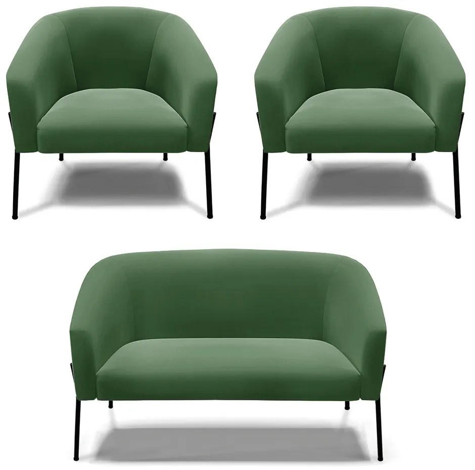 Namoradeira e 2 Poltronas Pé de Ferro Preto Stella Suede Verde D03 - D'Rossi