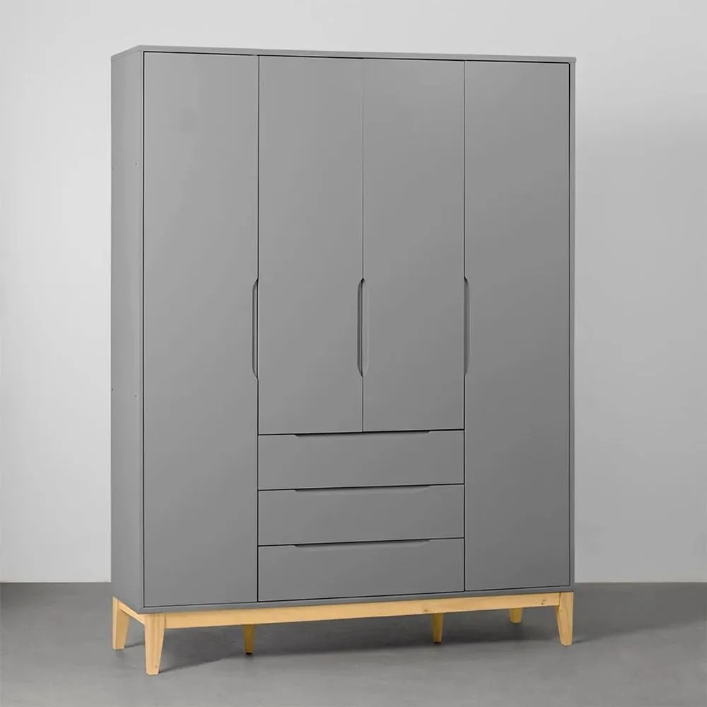 Guarda-Roupa Elfe 4 Portas e 3 Gavetas com Pés Square Natural – Cinza Fosco