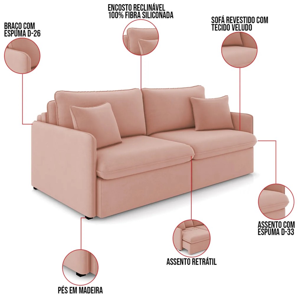 Sofá Retrátil Reclinável 2 Lugares 154cm Maili Veludo Rosê K01 - D'Rossi