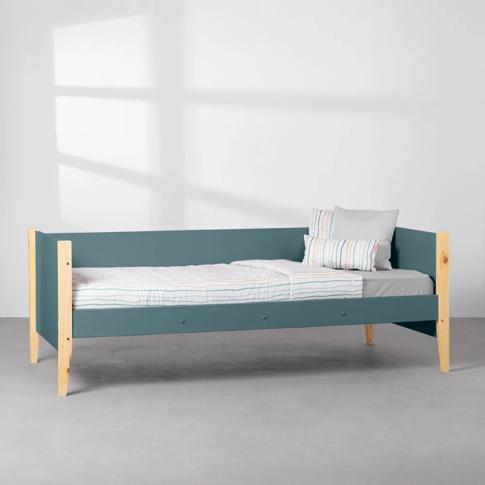 Cama Sofá Noah com Pés Natural – Azul Fosco