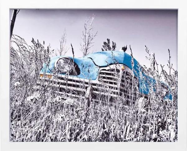 Quadro Decorativo Em Preto E Branco Carro Antigo Azul Abandonado 50x40cm