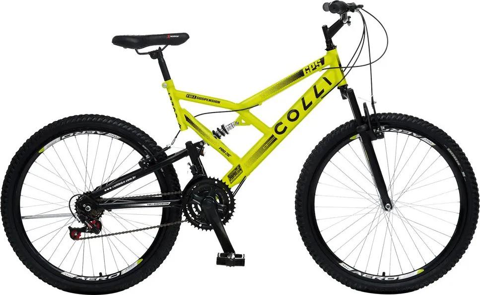 Bicicleta Esportiva Aro 26 Dupla Suspensão Freio V-Brake GPS 148 Quadro 18 Aço Amarelo Neon - Colli Bike