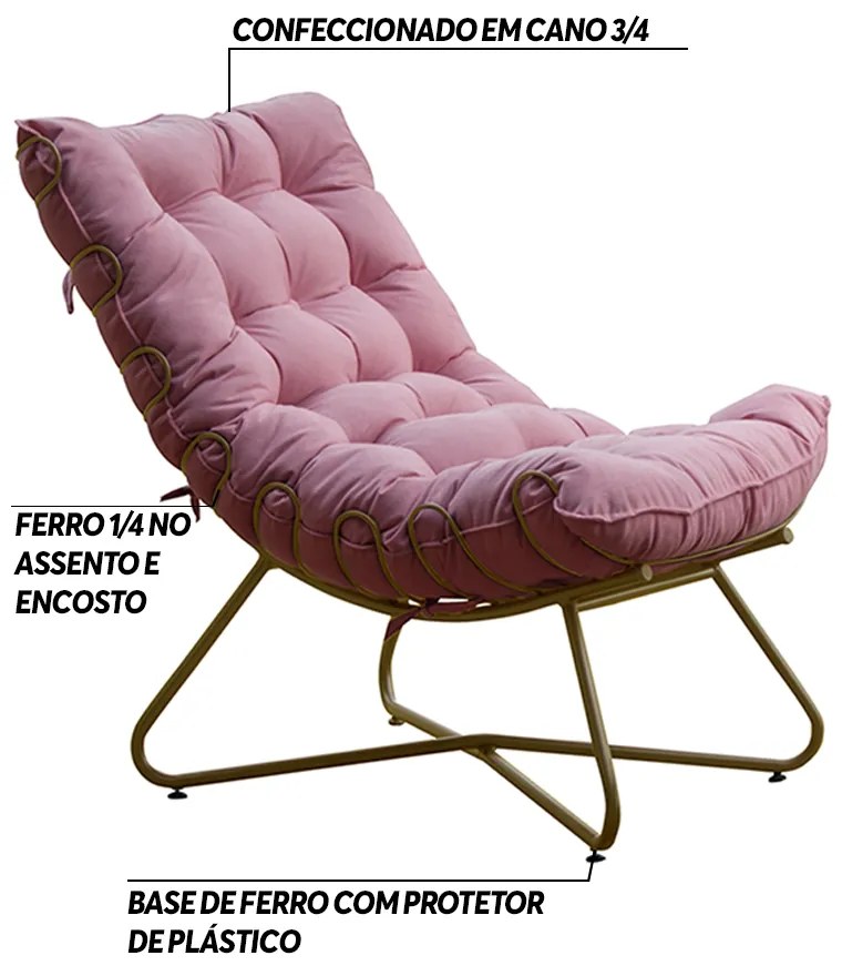 Poltrona Decorativa Sala de Estar Caim Base de Ferro Dourado Veludo Rosa G41 - Gran Belo