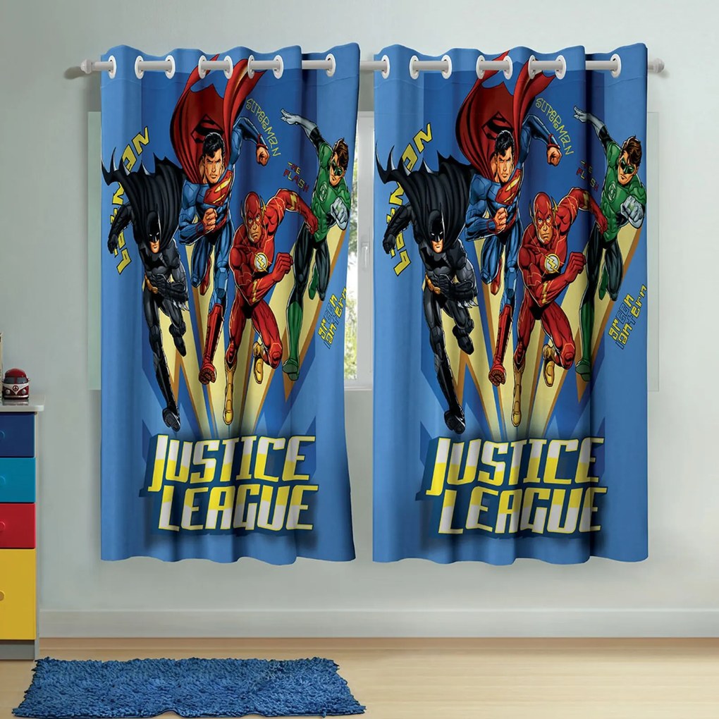 Cortina com ilhós Infantil Estampada Liga da Justiça 1,50 m x 1,80 m Com 2 peças Lepper Azul