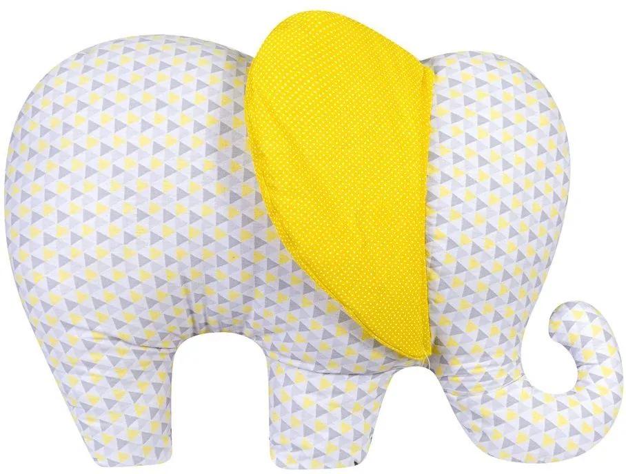 Almofada Decorativa Elefante Triângulos Poá Amarelo Branco e Cinza