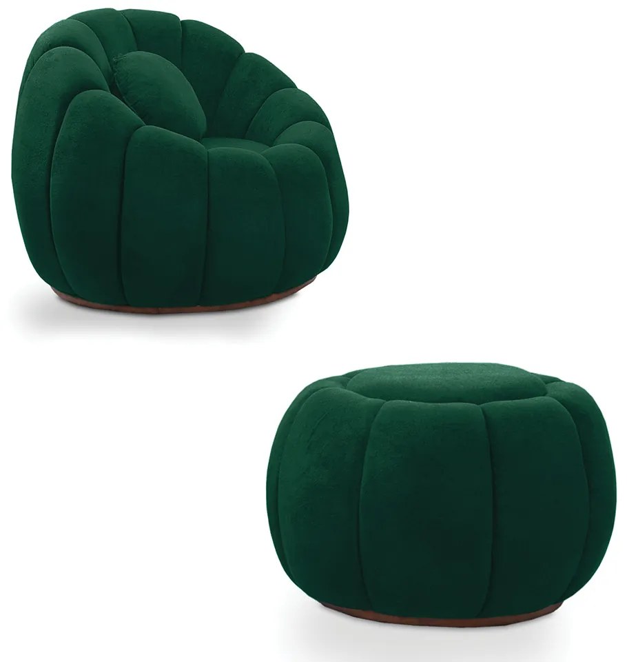 Poltrona Decorativa Orgânica Giratória com Puff Cloud Bouclê E03 - D'Rossi - Verde