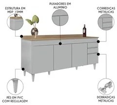 Balcão de Cozinha Para Pia 180cm com Tampo 4 Portas Dallas Cinza Claro