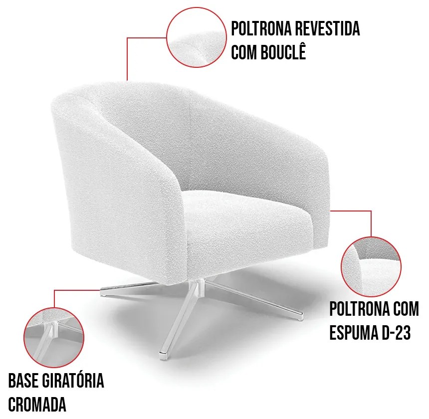 Poltrona Decorativa Base Giratória Cromada Stella Bouclê D03 - D'Rossi - Off White