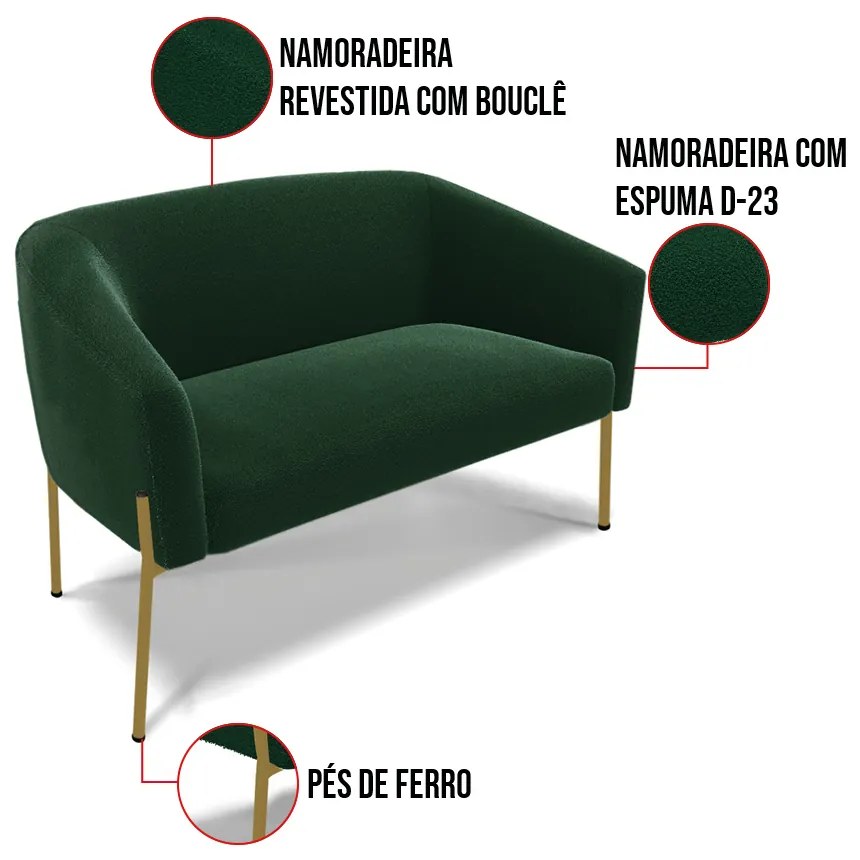 Namoradeira e 2 Poltronas Pé Ferro Dourado Stella Bouclê D03 - D'Rossi - Verde