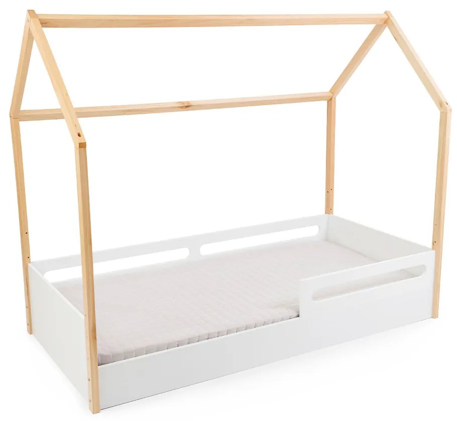 Cama Montessoriana Tivoli com Casinha e 2 Grades de proteção - Branco e Nature