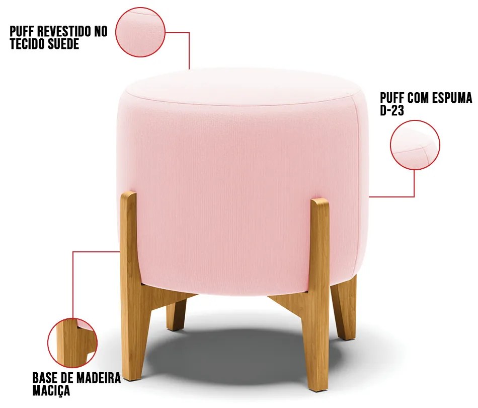 Puff Banqueta Decorativo Base Madeira Stella Suede Rosa Bebê D03 - D'Rossi