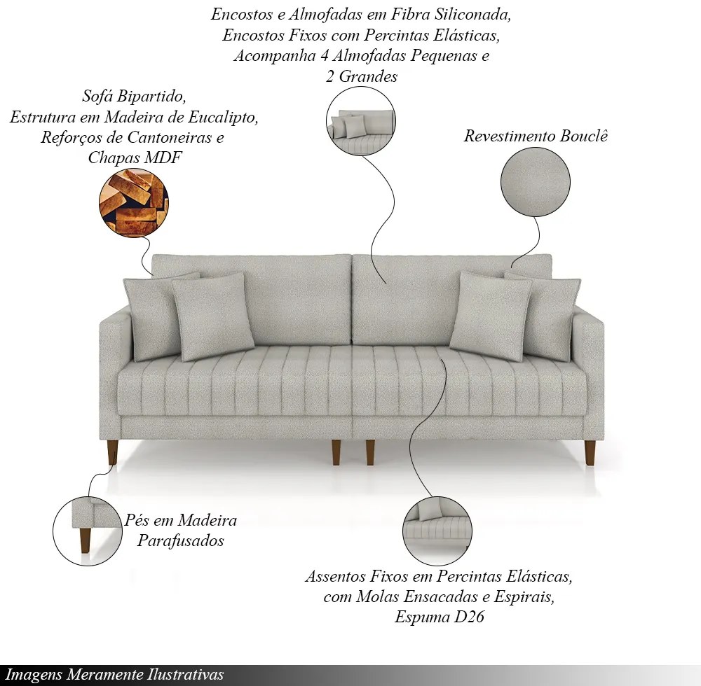 Sofá Living Decorativo Hamburgo Bipartido 2 Lugares 216cm com Almofadas Pés em Madeira Bouclê Cinza G33 - Gran Belo