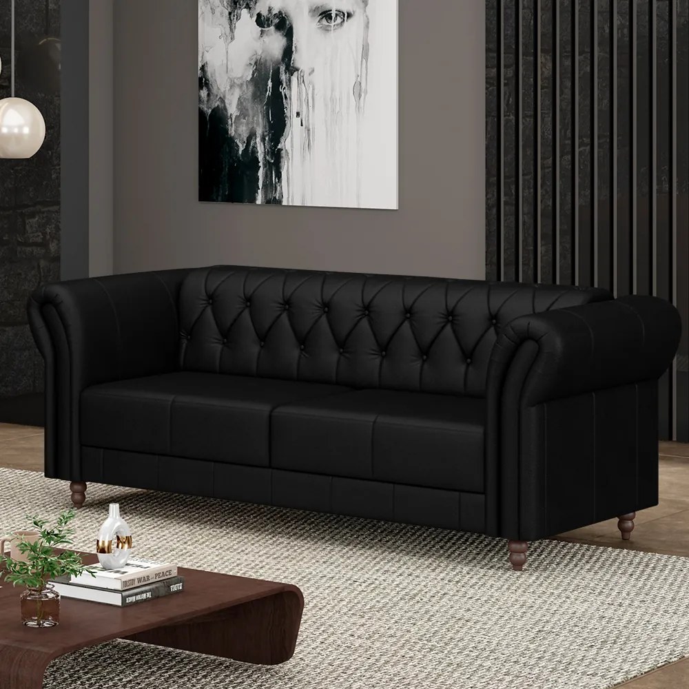 Sofá Living Sala de Estar Stanford Chesterfield 2 Lugares 220cm Pés de Madeira Couro Preto Brilho G58 - Gran Belo