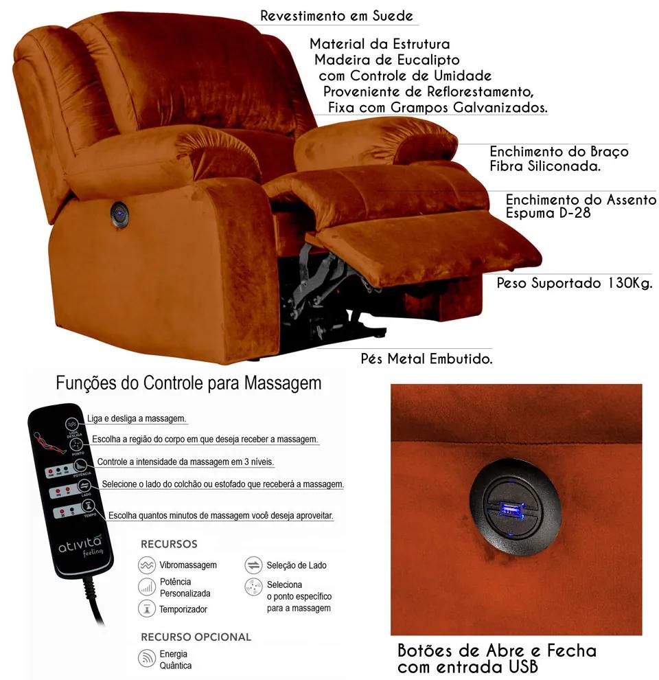 Poltrona do Papai Reclinável Elétrica com Massagem e USB Magnum Veludo Telha G23 - Gran Belo