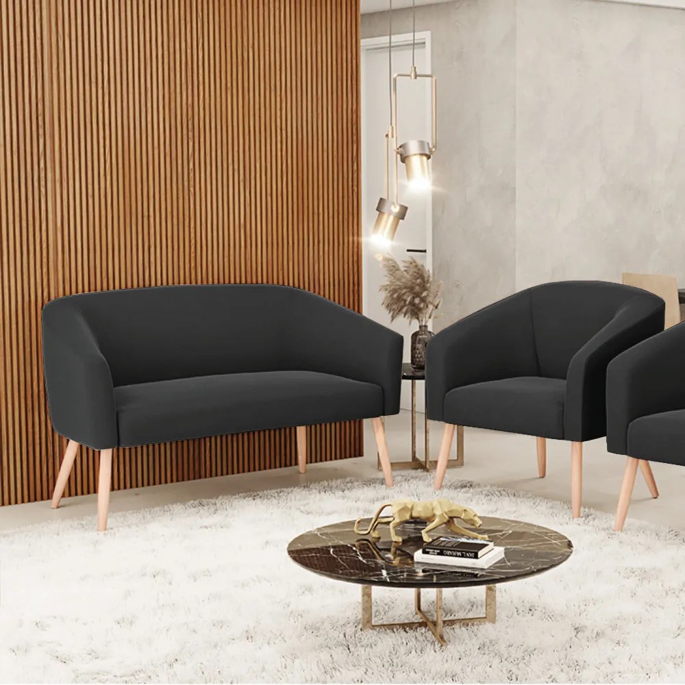 Sofá Namoradeira e Poltrona Pé Palito Natural Stella Suede D03 - D'Rossi - Preto