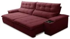Sofá Retrátil 3 Lugares com Porta Copo 230cm Malta F05 Veludo Bordô -