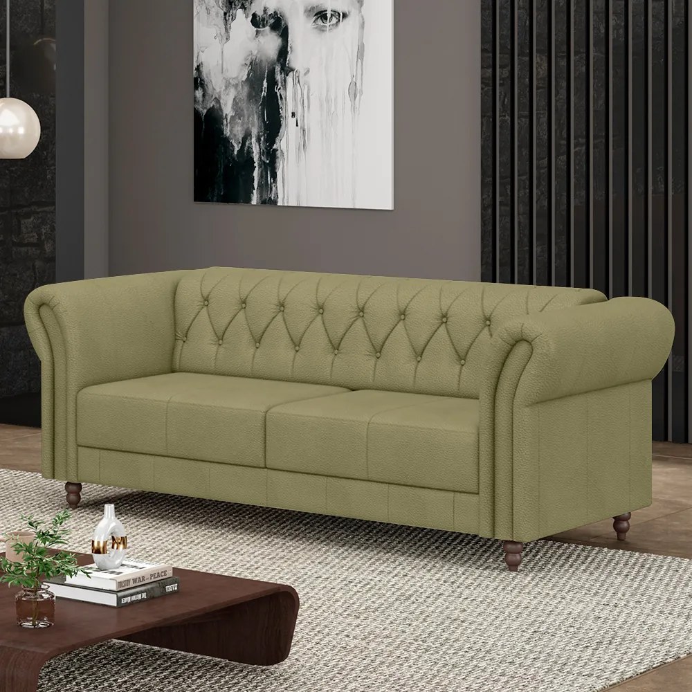 Sofá Living Sala de Estar Stanford Chesterfield 2 Lugares 200cm Pés de Madeira Couro Fendi G58 - Gran Belo