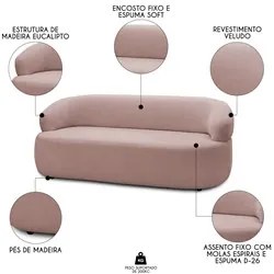 Sofá 3 Lugares Living Orgânico Sala de Estar 170cm Conka F05 Veludo Ro