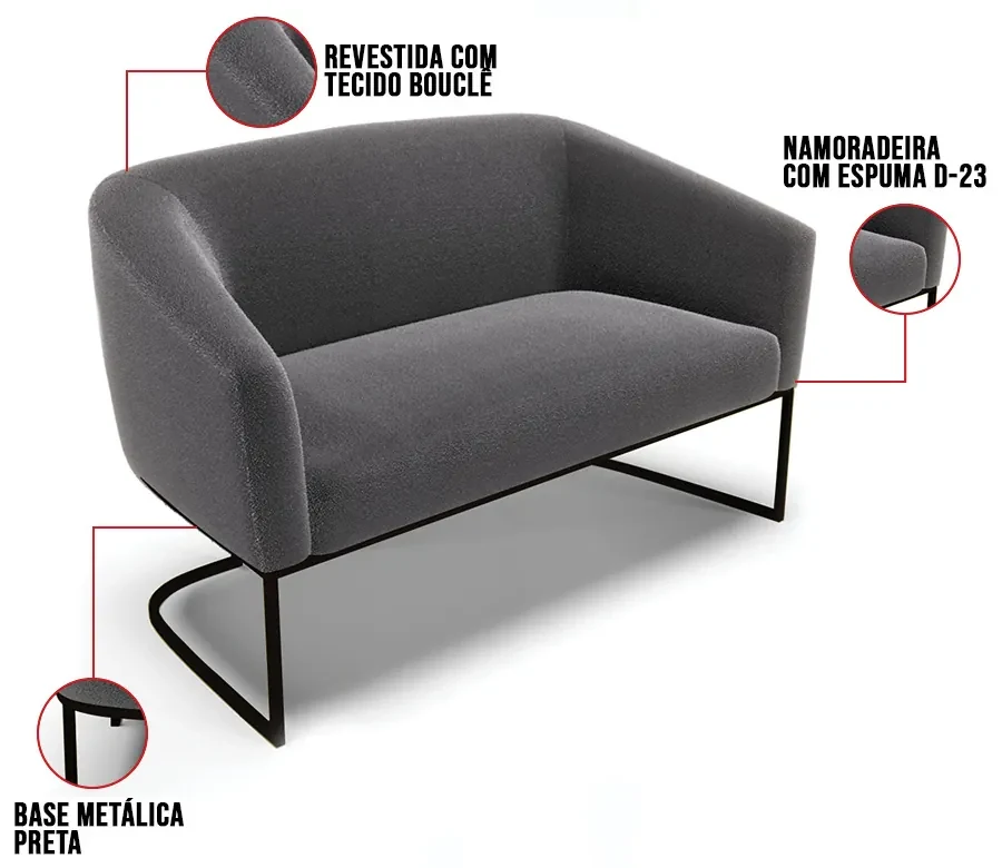 Namoradeira e 2 Poltronas Industrial Preto Stella Bouclê Grafite D03 - D'Rossi