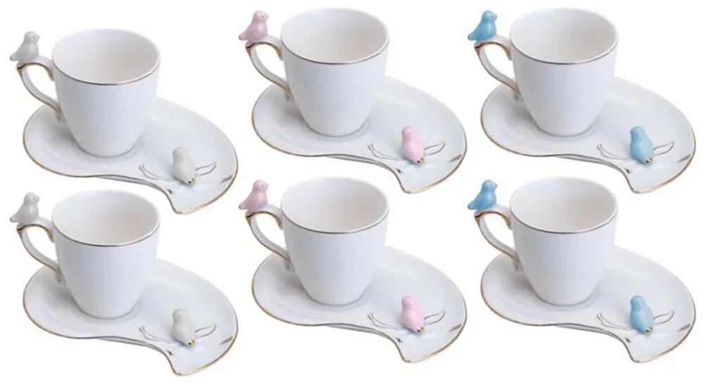 Jogo 6 Xícaras Café Com Pires Porcelana Cute Birds Plate Colorido 90ml 35467 Wolff