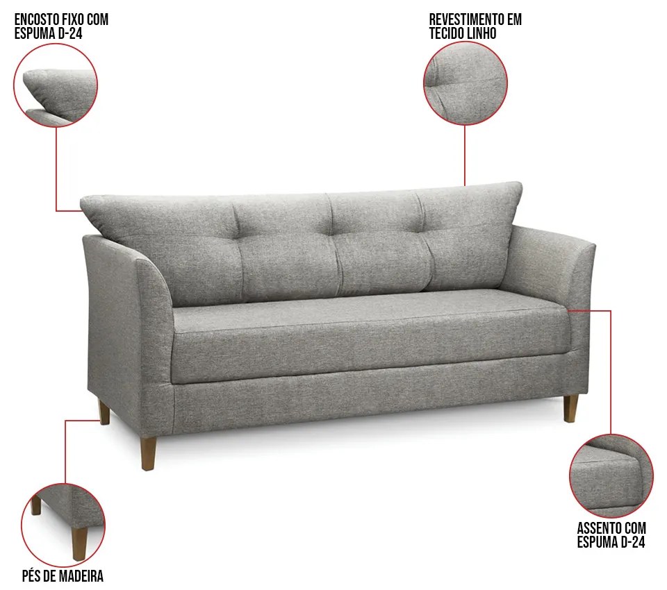 Sofá 3 Lugares Living para Sala Leblon 180cm Linho Cinza E03 - D'Rossi