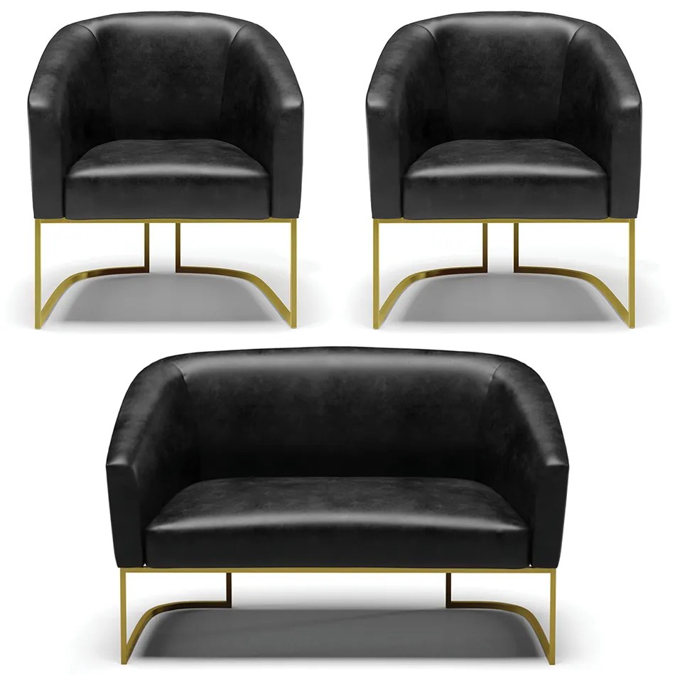 Namoradeira e 2 Poltronas Industrial Dourado Stella Sint PU Preto D03 - D'Rossi