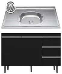 Balcão de Cozinha Com Pia Inox 100cm 3 Gavetas Andréia Preto - AJL Móv