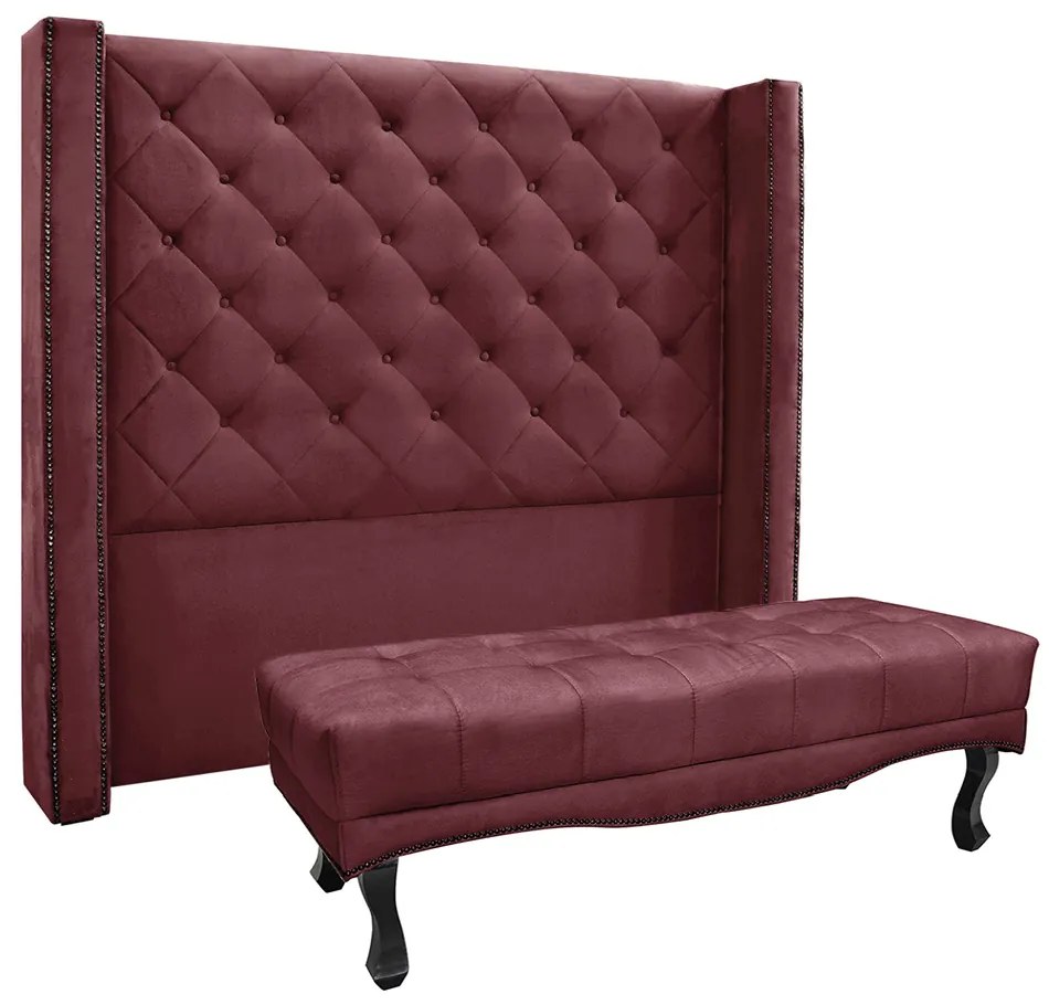 Cabeceira Cama Box Solteiro 90cm e Recamier Vicenza Veludo Vinho S04 - D'Rossi
