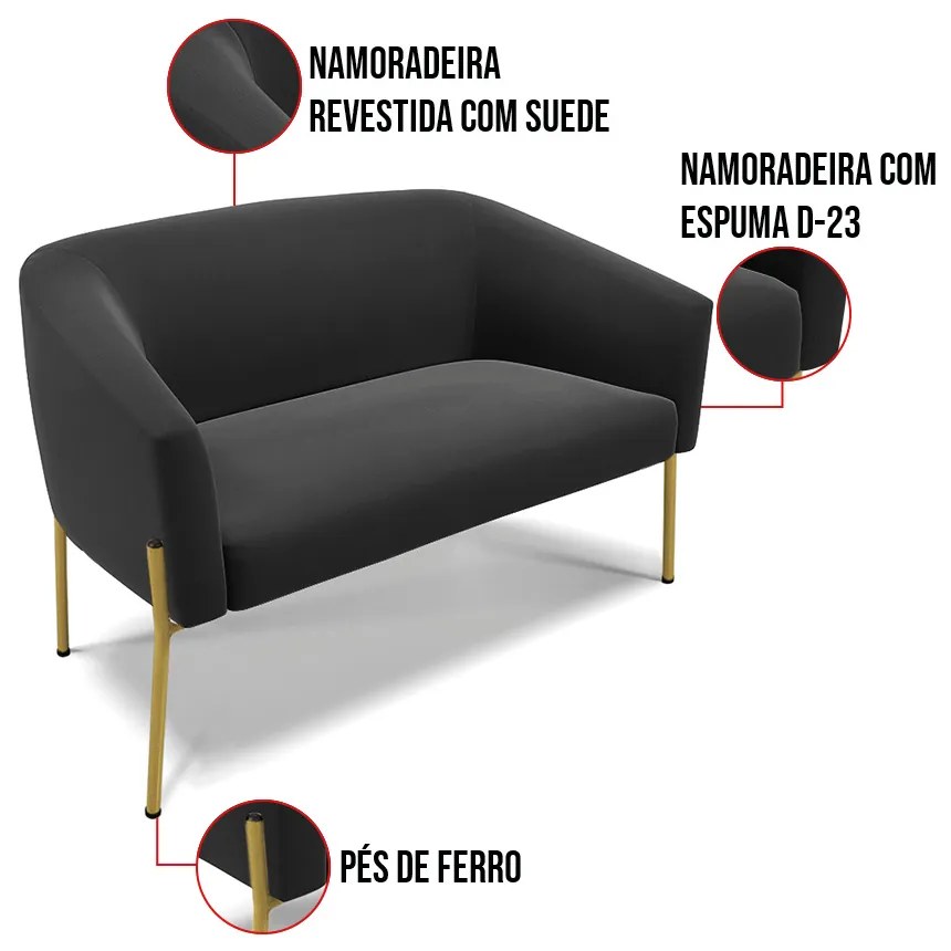 Sofá 2 Lugares Namoradeira Pé de Ferro Dourado Stella Suede D03 - D'Rossi - Preto