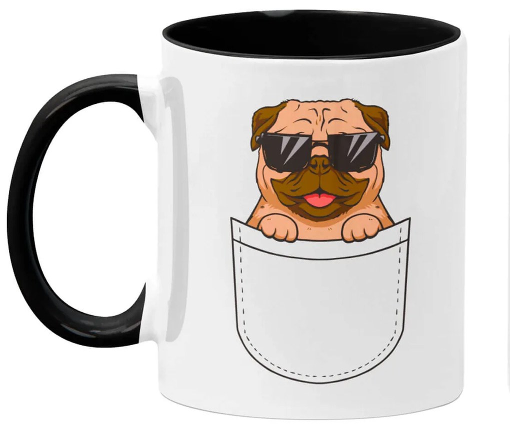 Caneca Cachorro Pug no Bolso Branca com Alça Preta