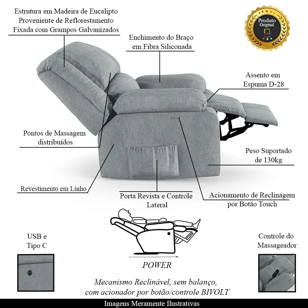 Poltrona do Papai Reclinável Sala de Cinema Madrid Power Touch Massagem USB Linho Cinza  G23 - Gran Belo