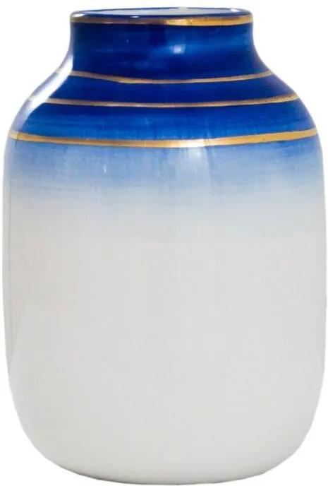 Vaso Decorativo Branco com Detalhes em Azul e Dourado - 20x14x14cm