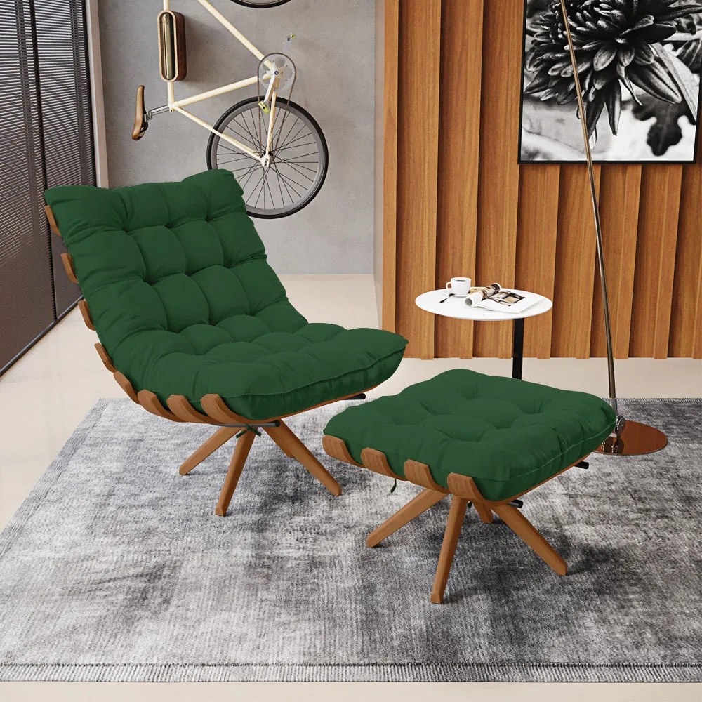 Poltrona com Puff Giratório Costela Veludo Base de Madeira MA30 M11 - D'Rossi - Verde